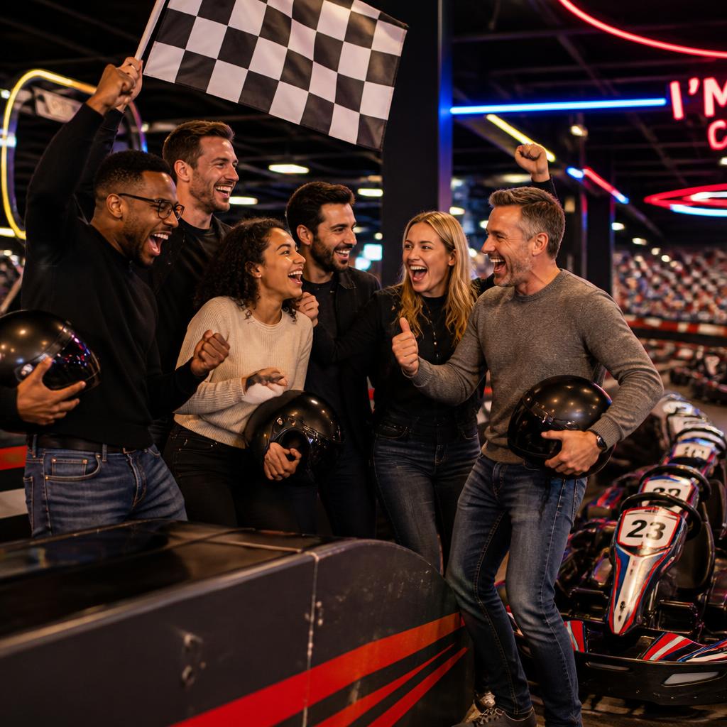 A lively team celebrating together at an indoor go-kart racing track